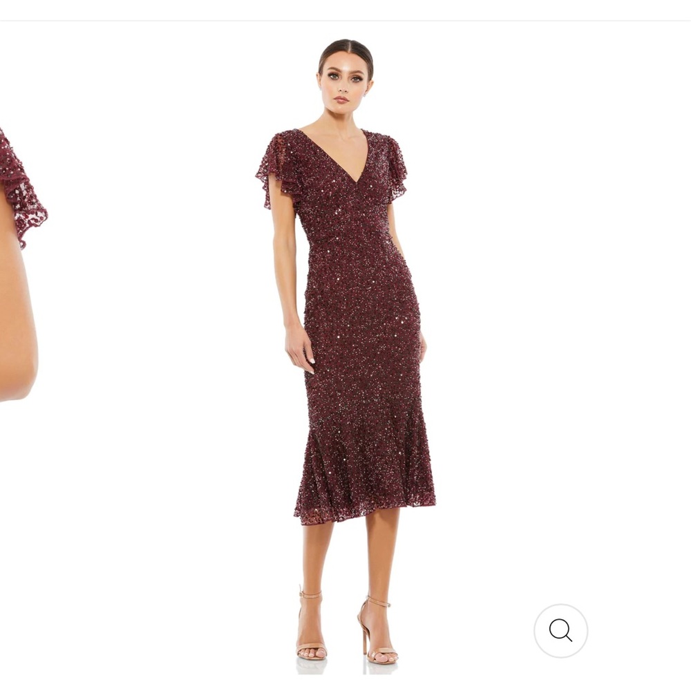 MacDuggal, Burgundy sequined below the knee dress.